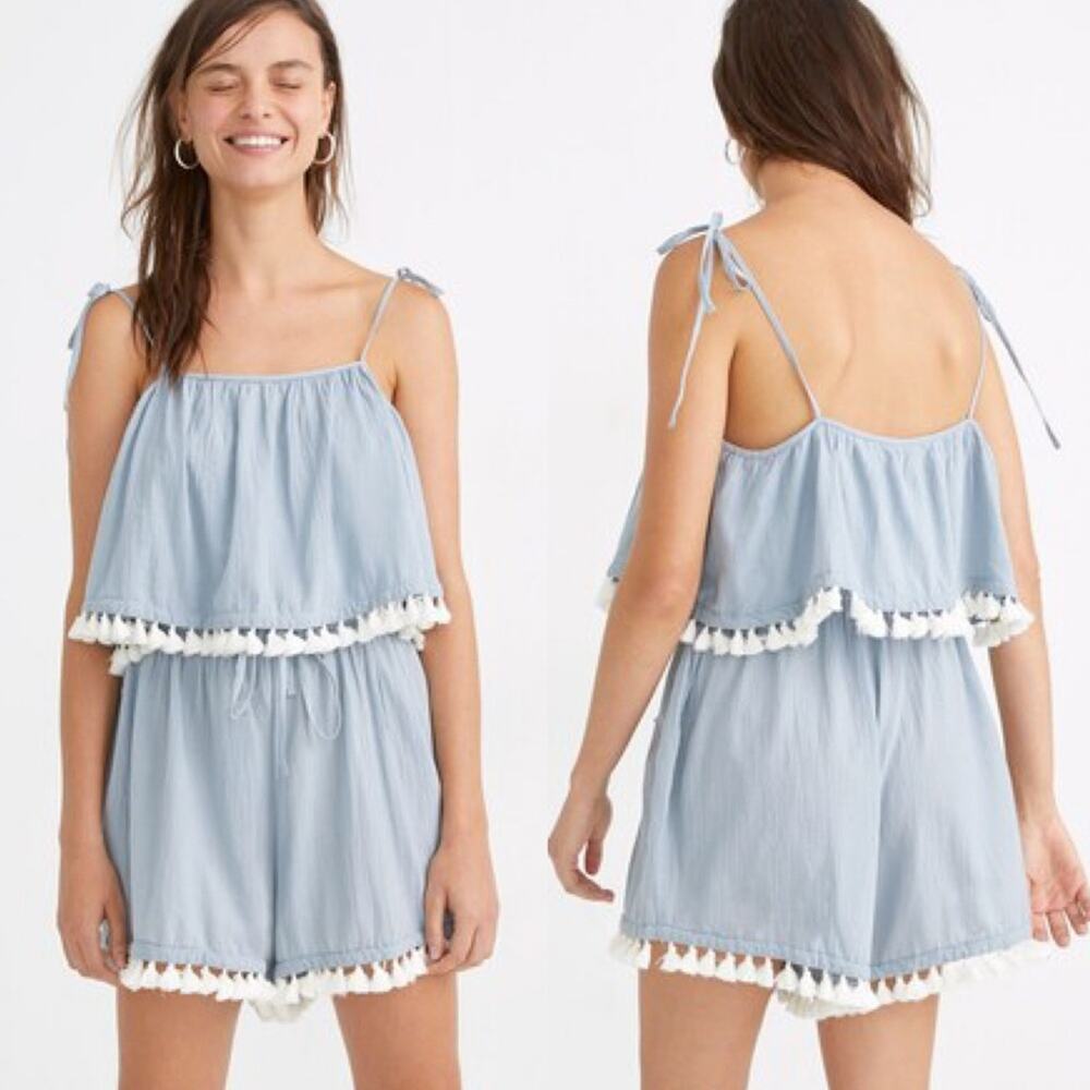 Madewell Tassel Cover-Up Romper In Dusty Pool Blue Size L Girly Feminine Beach
